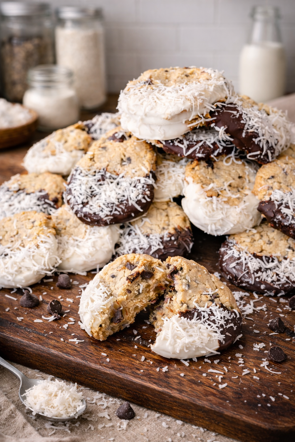 Toasted Coconut Chocolate Chip Dipped Cookies